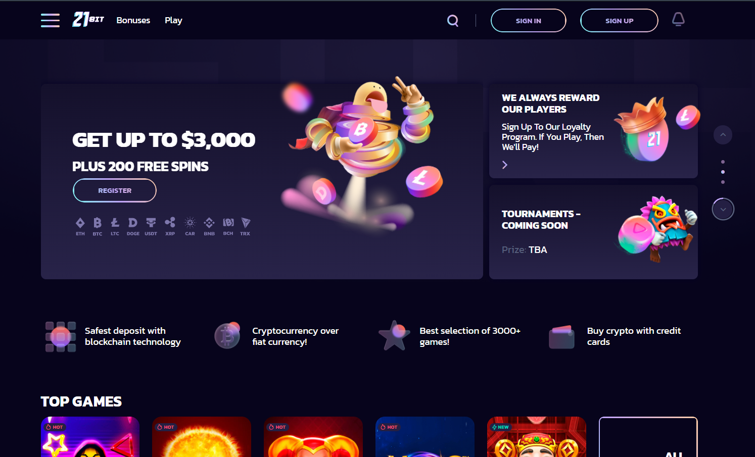 21Bit Casino game lobby β slot games selection